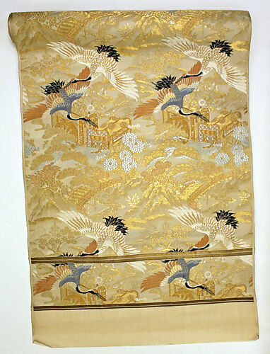 Formal Obi Sash for a Wedding with Cranes, Court Carriages, and Auspicious Motifs