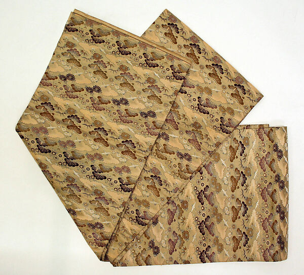 Obi Sash with Pines, Cranes, Chrysanthemums, and Auspicious Motifs, Twill-weave silk with supplementary silk weft patterning, Japan