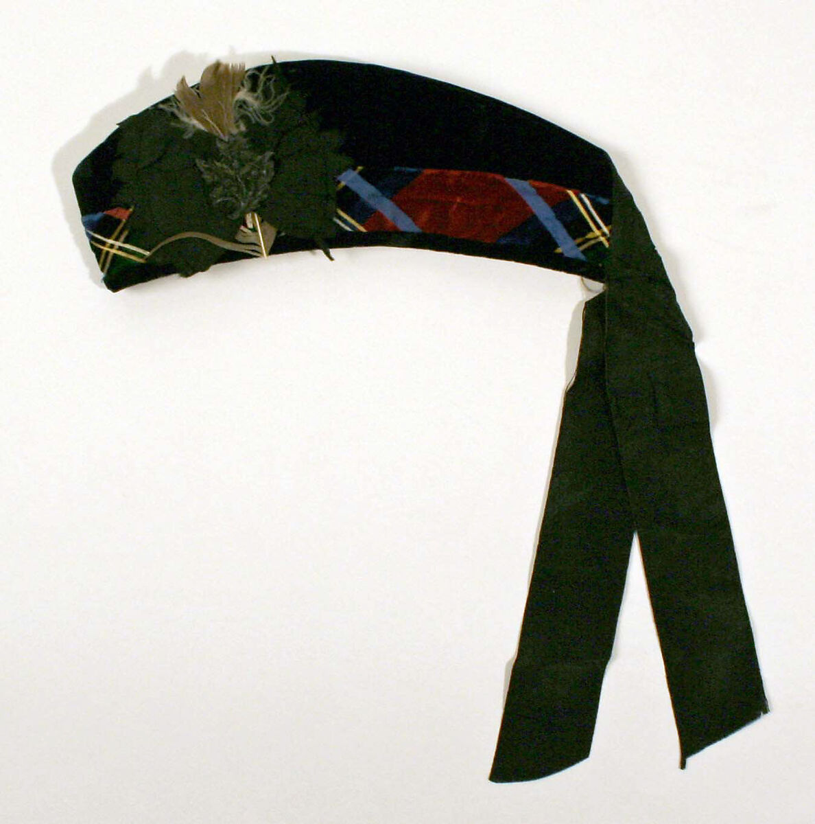 Ensemble, L.P. Hollander &amp; Co. (American), (a) silk
(b) wool, silk, leather
(c) wool
(d) silk, metal, feather
(e) metal, leather, hair, American