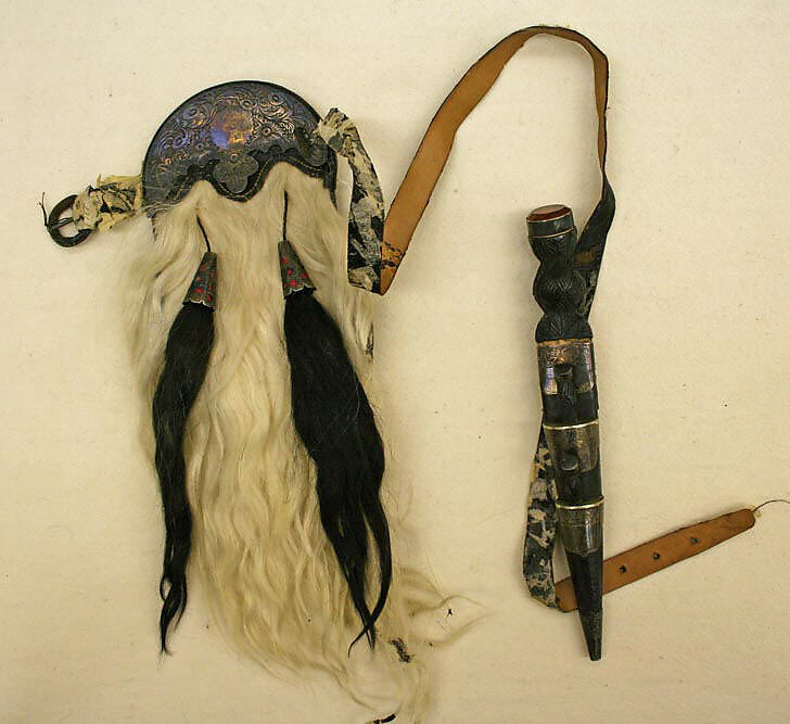 Ensemble, (a) silk, wool
(b) silk, cotton
(c) silk, cotton, metal
(d) wood, metal, glass
(e) leather, metal, hair, Scottish