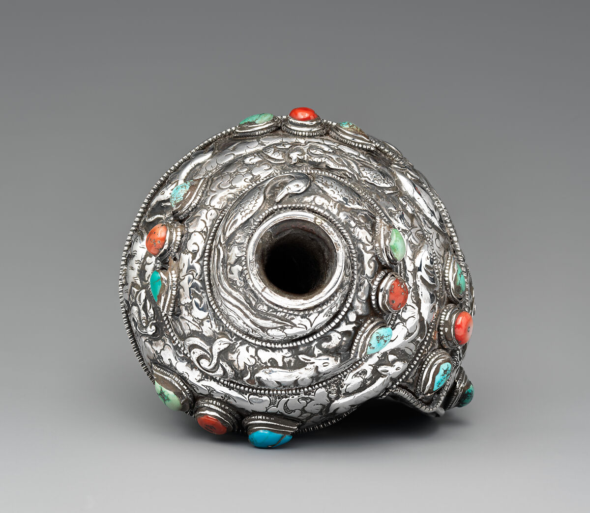 Ritual Conch Shell Trumpet (Dung-Dkar), Conch shell, silver, turquoise and coral, Tibet