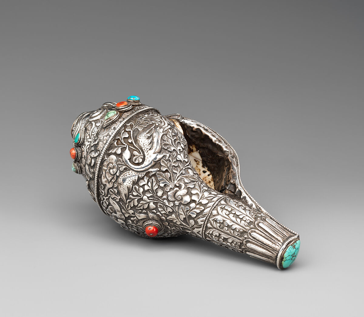 Ritual Conch Shell Trumpet (Dung-Dkar), Conch shell, silver, turquoise and coral, Tibet 