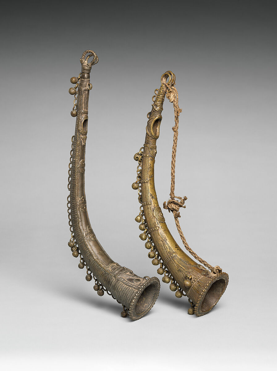 Two Cast Brass Side Blown Horns (Turi), Brass, Bastar, Chhattisgarh, India 