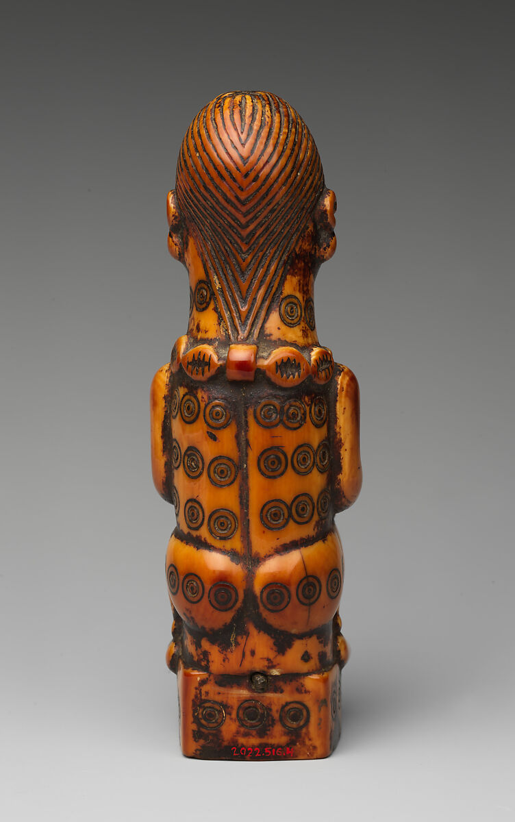Staff finial with seated woman, "Master of the Frontal Concentric Circles" (active 19th century, Democratic Republic of the Congo or Republic of the Congo), Ivory, metal, wood, lead, Yombe-Kongo peoples