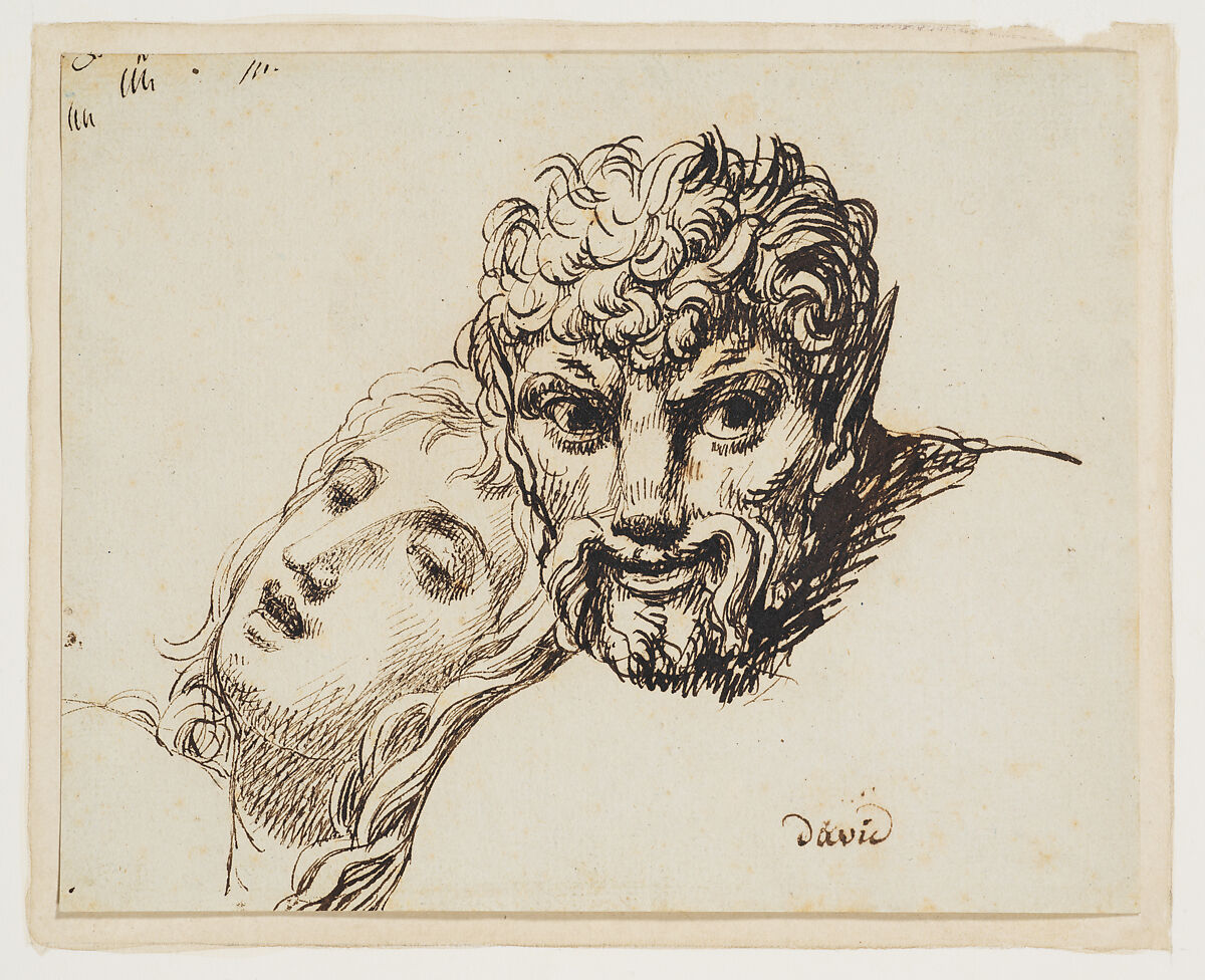 Heads of a faun and a reclining woman (Les têtes d'une jeune femme et d'un faune), Jacques Louis David (French, Paris 1748–1825 Brussels), Pen and dark brown iron gall ink 