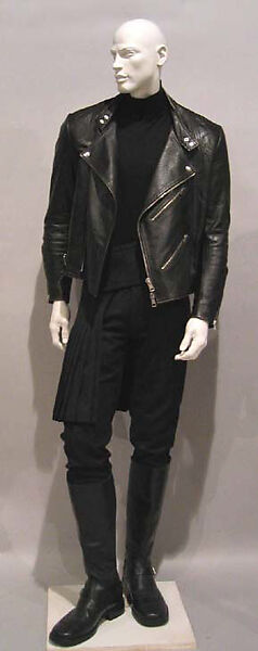 Ensemble, John Bartlett (American, born 1964), a) leather, rayon, metal;  b) wool, jet; c) wool, cotton, metal; d) wool/polyester blend; e,f) leather, metal, American 