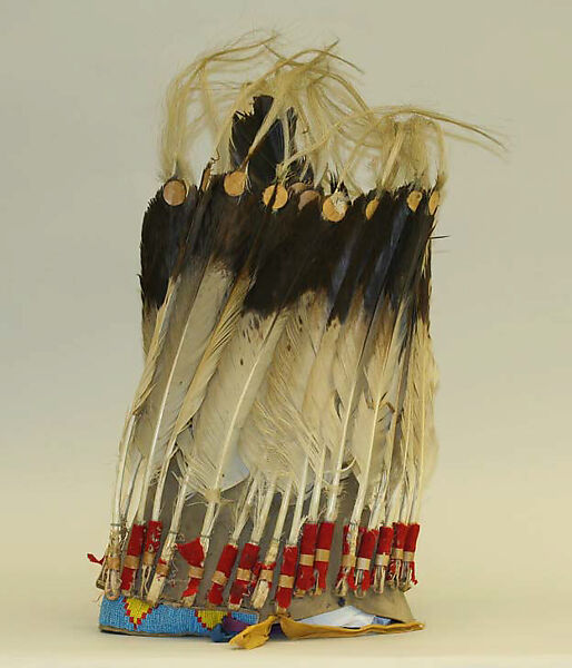 Bonnet, wool, feathers, horsehair, silk, glass, Indigenous American 