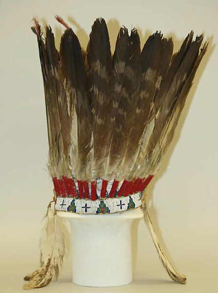 Headdress, wool, feathers, glass, Indigenous American 