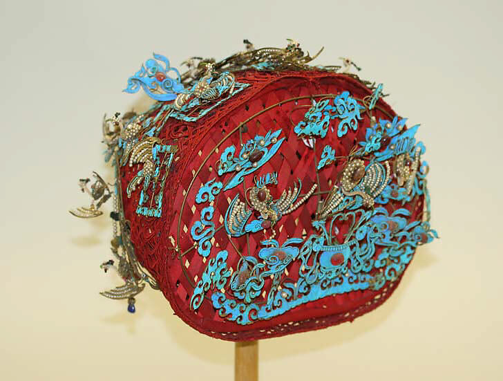 Hat, (a) silk, feathers, glass, metal, stone
(b, c) metal, feathers, paint, glass
(d–f) paper, silk, China