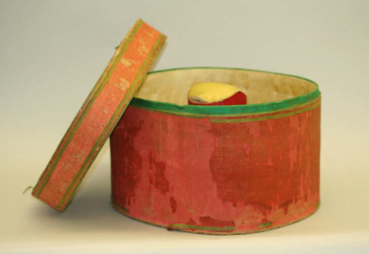 Hat, (a) silk, feathers, glass, metal, stone
(b, c) metal, feathers, paint, glass
(d–f) paper, silk, China