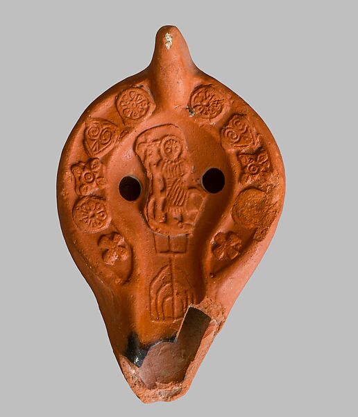 Oil Lamp with Menorah and Christ Crushing the Serpent's Head, African red slip ware, North African (Tunisia) 