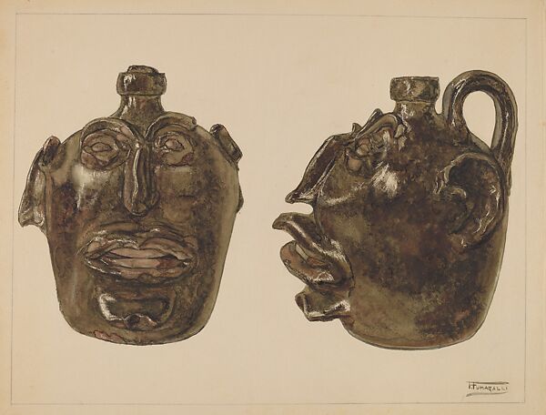 Face Jug, Frank Fumagalli (American, active ca. 1935), Watercolor and gouache over graphite on paperboard 