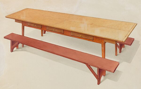 Shaker Refectory Table with Benches, Alfred H. Smith (American, active ca. 1935), Watercolor and graphite on paperboard 