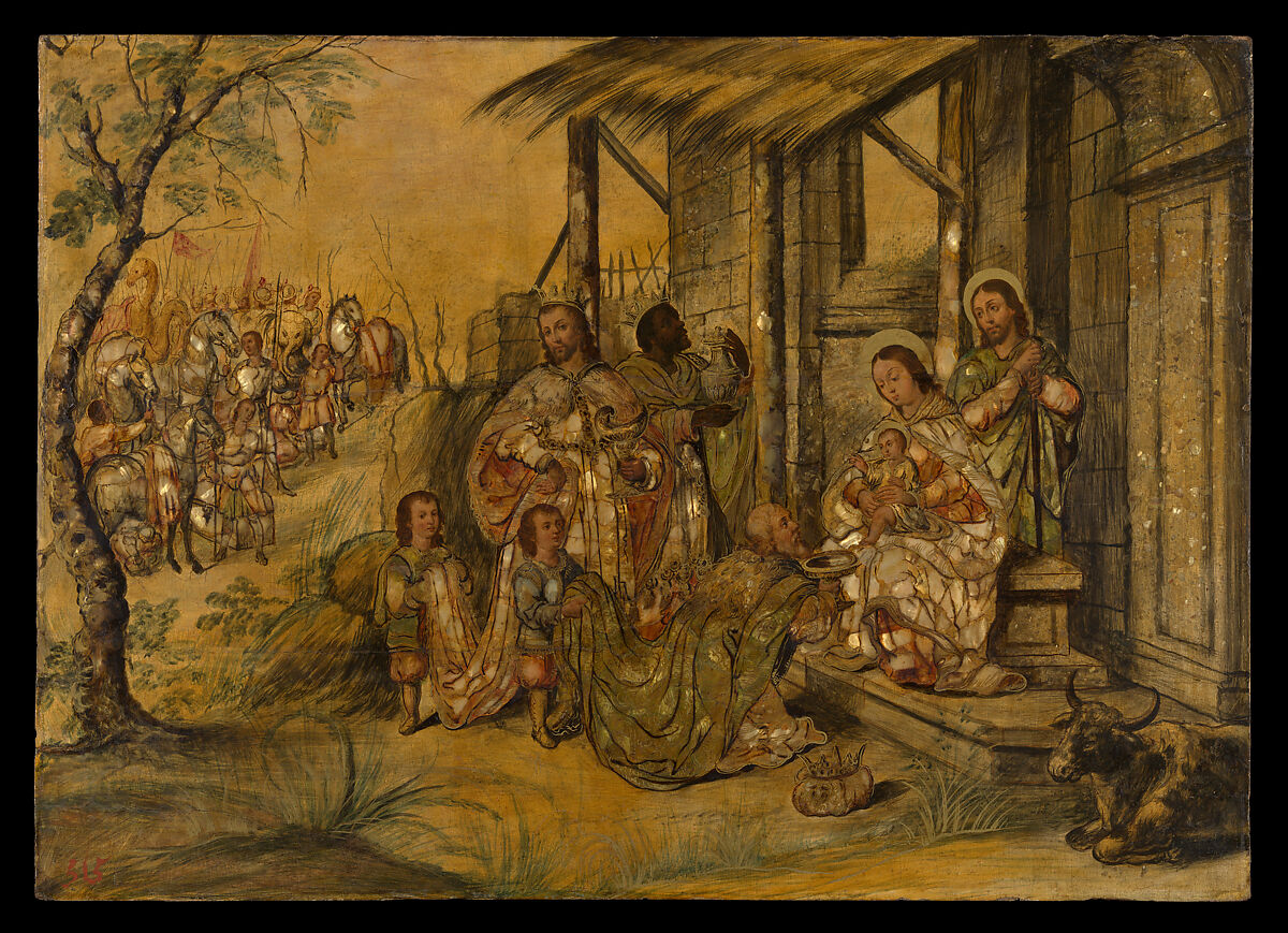 The Adoration of the Magi, Attributed to Miguel Gonzalez (Mexico, active 1692-1704), Oil on wood, inlaid with mother-of-pearl, gold, Mexico
