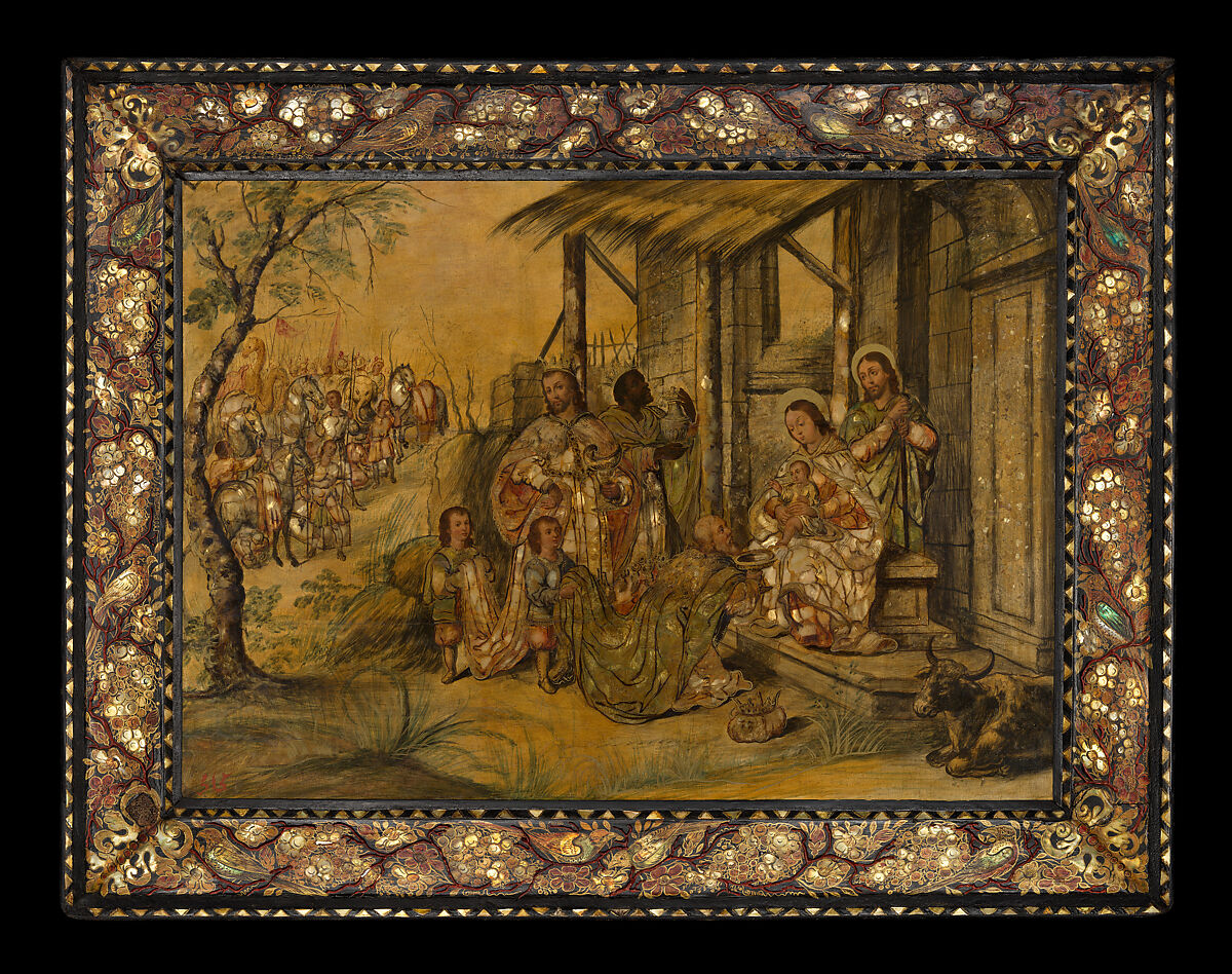 The Adoration of the Magi, Attributed to Miguel Gonzalez (Mexico, active 1692-1704), Oil on wood, inlaid with mother-of-pearl, gold, Mexico 