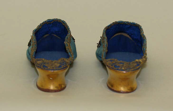 Mules, Silk, leather, metal wrapped thread, sequins; embroidered