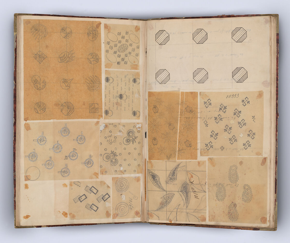Scrapbook with Textile Patterns on Transfer Paper, Anonymous, French, 19th century, Pen and ink, graphite, and gouache over transfer paper