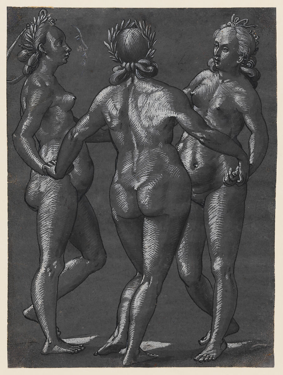 The Three Graces (recto); Four putti engaging in various activities (verso), Christoph Murer (Swiss, Zurich 1558–1614 Winterthur), Pen and black ink, brush and gray wash, heightened with white gouache, on paper prepared with semi-opaque gray wash 