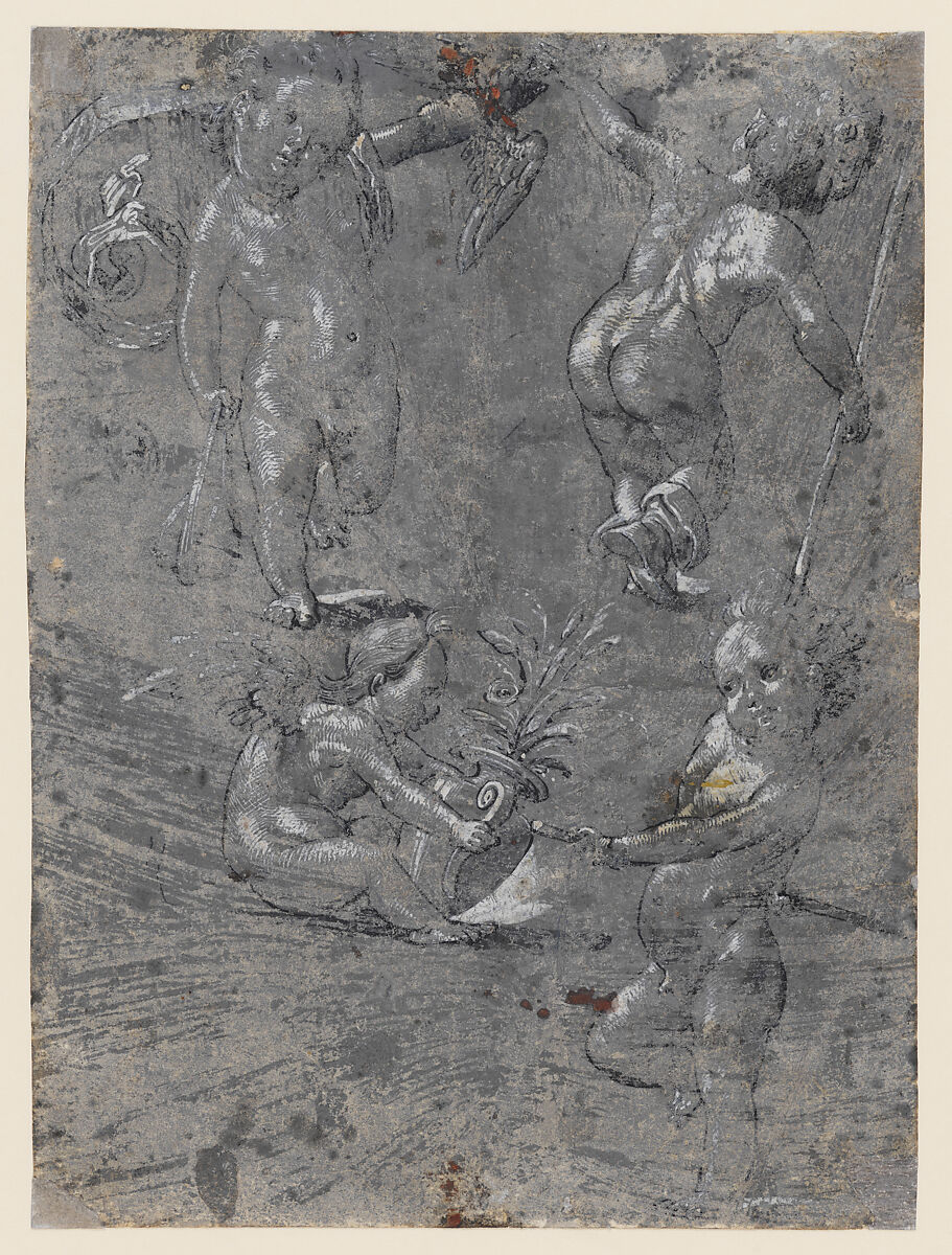The Three Graces (recto); Four putti engaging in various activities (verso), Christoph Murer (Swiss, Zurich 1558–1614 Winterthur), Pen and black ink, brush and gray wash, heightened with white gouache, on paper prepared with semi-opaque gray wash