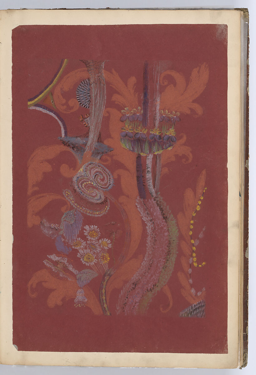 Scrapbook with Textile Designs on Colored Papers, Anonymous, French, 19th century, Pastel on prepared colored paper 