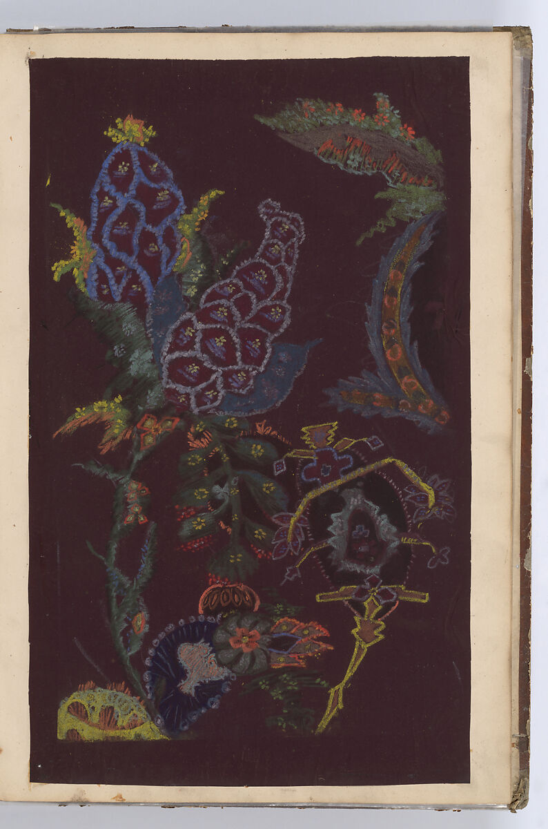 Scrapbook with Textile Designs on Colored Papers, Anonymous, French, 19th century, Pastel on prepared colored paper