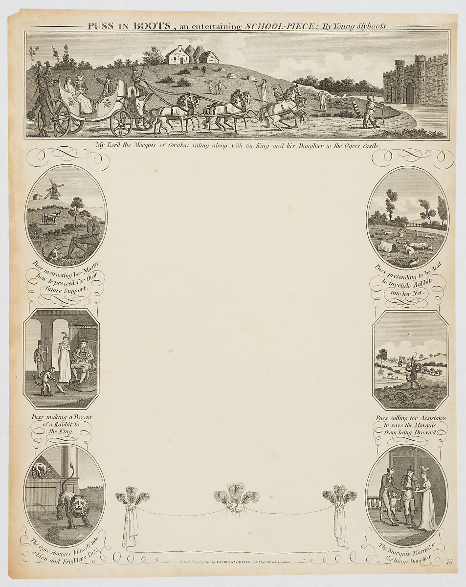 Puss in Boots, an entertaining School-Piece: by Young Slyboots [School piece or Penmanship sheet], Laurie &amp; Whittle (British, active 1794–1836), Etching and engraving; late impression 