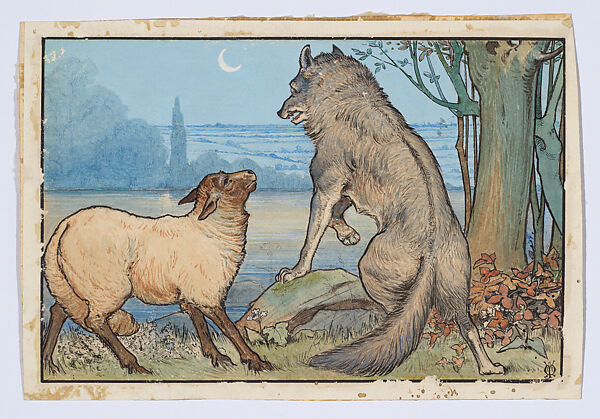 The Wolf and the Sheep, Walter J. Morgan (British, Bilston 1847–1924 Birmingham), Watercolor and pen and ink 