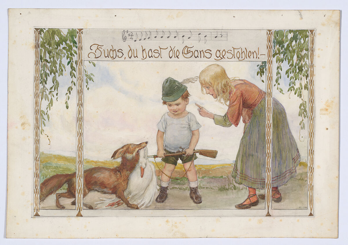 Fuchs, du hast die Gans gestohlen!, Erwin Schütz (Austrian, active ca. 1900), Watercolor and gouche 