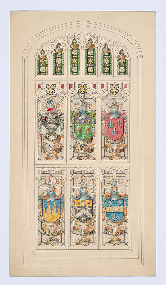 Design for an armorial stained glass window, Anonymous, British, 19th century, Watercolor and pen and ink over graphite 