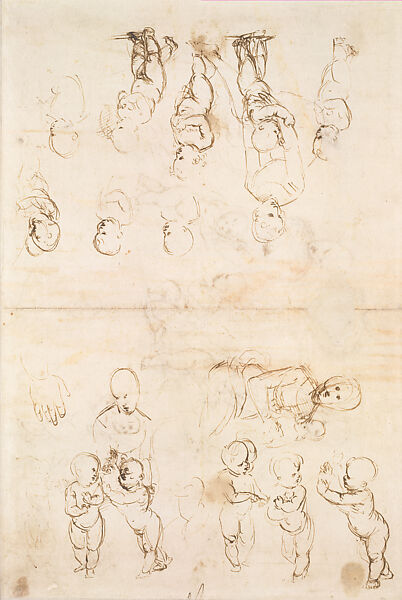 The Virgin and Child with the Infant Saint John the Baptist (Studies for the Madonna of the Meadow) (recto and verso), Raphael (Raffaello Sanzio or Santi) (Italian, Urbino 1483–1520 Rome), Pen and brown ink (recto and verso) on paper