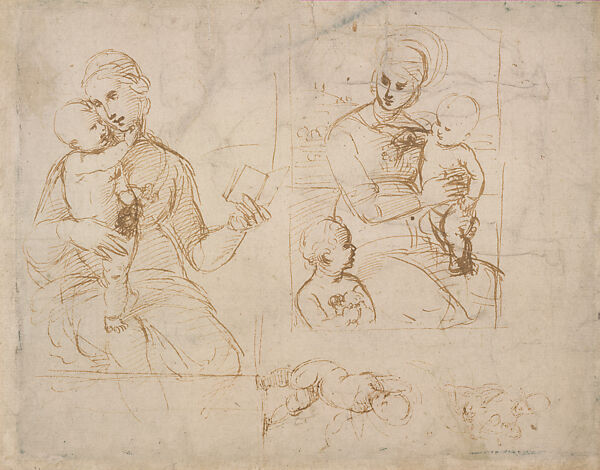 The Virgin and Child with and without the Infant Saint John the Baptist; An Idea Resembling the Northbrook Madonna (recto); Three Male Nudes in Battle Poses for an Unrealized Painting of the Siege of Perugia (verso), Raphael (Raffaello Sanzio or Santi)  Italian, Pen and brown ink (recto and verso) on paper