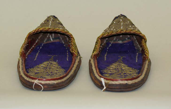 Slippers, Leather, metal wrapped thread, velvet, pearls; embroidered