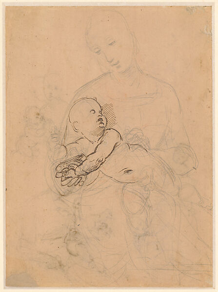 The Virgin and Child (Study for the Bridgewater Madonna; recto); Ideas for the Virgin and Child Studied from Mannequins or Lay Figures, Some Relating to the Niccolini-Cowper Madonna and Colonna Madonna (verso), Raphael (Raffaello Sanzio or Santi)  Italian, Metalpoint (leadpoint?), partly reworked by the artist in pen and brown ink, on paper prepared brownish pink (recto); pen and brown ink, red chalk (verso)