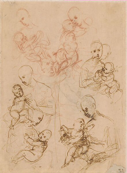 The Virgin and Child (Study for the Bridgewater Madonna; recto); Ideas for the Virgin and Child Studied from Mannequins or Lay Figures, Some Relating to the Niccolini-Cowper Madonna and Colonna Madonna (verso), Raphael (Raffaello Sanzio or Santi) (Italian, Urbino 1483–1520 Rome), Metalpoint (leadpoint?), partly reworked by the artist in pen and brown ink, on paper prepared brownish pink (recto); pen and brown ink, red chalk (verso)