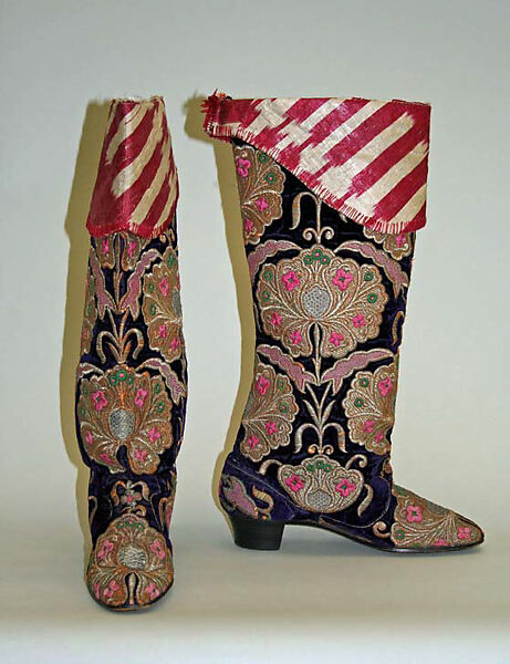 Boots, Velvet, silk, metal wrapped thread; embroidered 