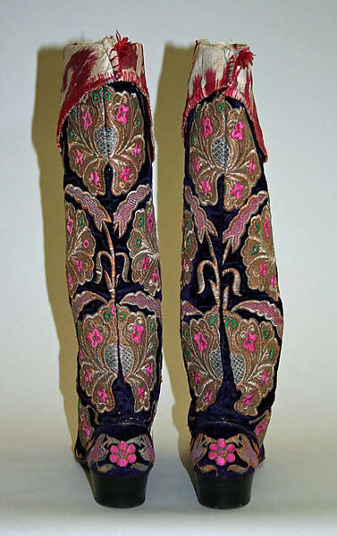 Boots, Velvet, silk, metal wrapped thread; embroidered
