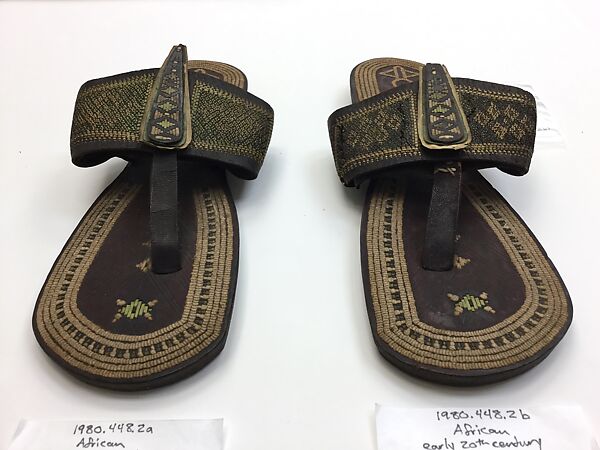 Sandals, Leather, cortical fiber; embroidered