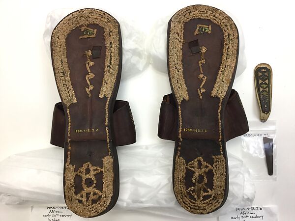 Sandals, Leather, cortical fiber; embroidered