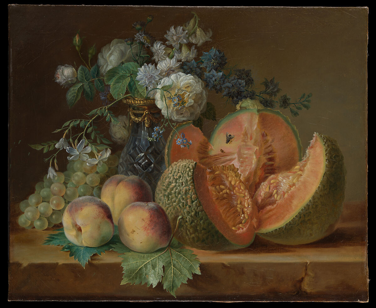 Still Life with a Vase of Flowers, Melon, Peaches, and Grapes, Charlotte Eustache Sophie de Fuligny Damas, marquise de Grollier (French, Paris 1741–1828 Epinay-sur-Seine), Oil on canvas 