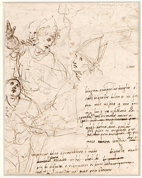 The Virgin Reading to the Christ Child in a Landscape with Two Figures (The Madonna of Humility) (recto); Studies for the Disputa, Stanza della Segnatura (Saints Ambrose and Peter Lombard); Sonnet (verso), Raphael (Raffaello Sanzio or Santi)  Italian, Pen and brown ink over traces of leadpoint (recto and verso), on paper