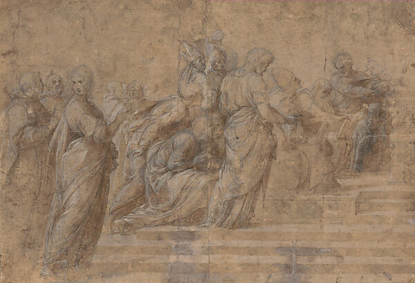 Modello Drawing for the Disputa, Stanza della Segnatura (Discarded Idea for the Lower Left Section), Raphael (Raffaello Sanzio or Santi)  Italian, Pen and brown ink, brush and brown wash, highlighted with white gouache, over black chalk and metalpoint underdrawing, on paper