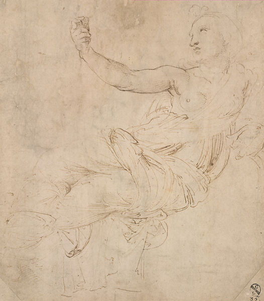 Study for the Reclining Muse Euterpe in the Parnassus, Stanza della Segnatura (based on the Sleeping Ariadne) (recto); Drapery of a Muse Seen from the Rear (verso), Raphael (Raffaello Sanzio or Santi)  Italian, Pen and brown ink on paper, bottom corners restored