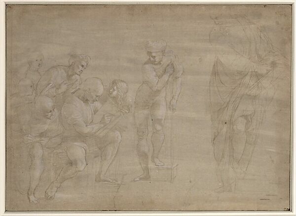 Studies of Pythagoras and His Disciples for the School of Athens, Stanza de la Segnatura, Raphael (Raffaello Sanzio or Santi)  Italian, Metalpoint, highlighted with white gouache, on paper prepared gray