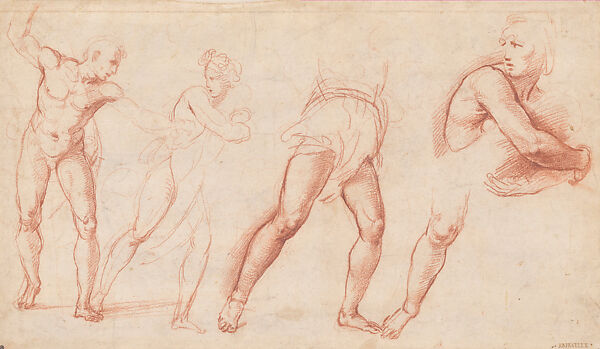 Studies for the Massacre of the Innocents (recto); Study for the Figure of Astronomy, Stanza della Segnatura Vault (verso), Raphael (Raffaello Sanzio or Santi)  Italian, Red chalk (recto); pen ad brown ink over traces of leadpoint underdrawing and compass work (verso), on paper