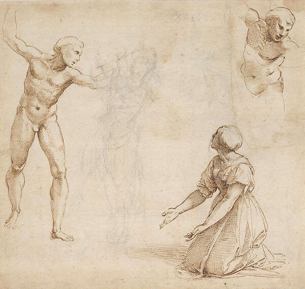Studies for the Judgment of Solomon (recto); Study of the Executioner in the Judgment of Solomon (verso), Raphael (Raffaello Sanzio or Santi)  Italian, Pen and brown ink, black chalk, over preliminary stylus underdrawing (recto and verso) on paper