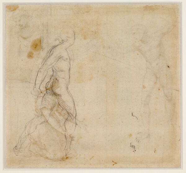 Studies for the Judgment of Solomon (recto); Study of the Executioner in the Judgment of Solomon (verso), Raphael (Raffaello Sanzio or Santi) (Italian, Urbino 1483–1520 Rome), Pen and brown ink, black chalk, over preliminary stylus underdrawing (recto and verso) on paper