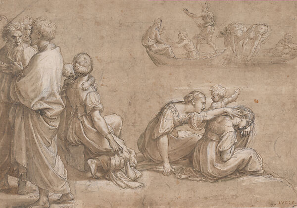 The Miraculous Draft of the Fishes with a Crowd in the Foreground (recto); The Miraculous Draft of the Fishes (verso), Raphael (Raffaello Sanzio or Santi)  Italian, Pen and brown ink, brown wash, highlighted with white, over black-chalk underdrawing (recto); pen and brown ink over a preliminary black-chalk underdrawing (verso), on paper