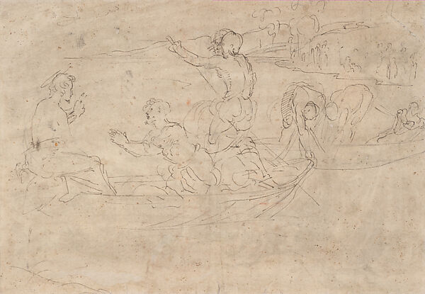 The Miraculous Draft of the Fishes with a Crowd in the Foreground (recto); The Miraculous Draft of the Fishes (verso), Raphael (Raffaello Sanzio or Santi) (Italian, Urbino 1483–1520 Rome), Pen and brown ink, brown wash, highlighted with white, over black-chalk underdrawing (recto); pen and brown ink over a preliminary black-chalk underdrawing (verso), on paper