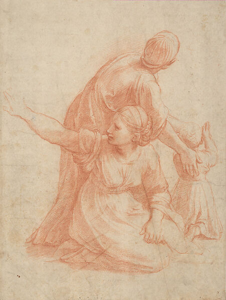 Two Women and a Child (Study for the Fire in the Borgo, Stanza dell’Incendio), Raphael (Raffaello Sanzio or Santi)  Italian, Red chalk over traces of black-chalk underdrawing, on paper