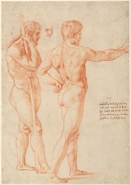 Studies of Two Male Nudes for the Naval Battle of Ostia, Stanza dell'Incendio, Raphael (Raffaello Sanzio or Santi)  Italian, Red chalk over preliminary stylus underdrawing, on paper